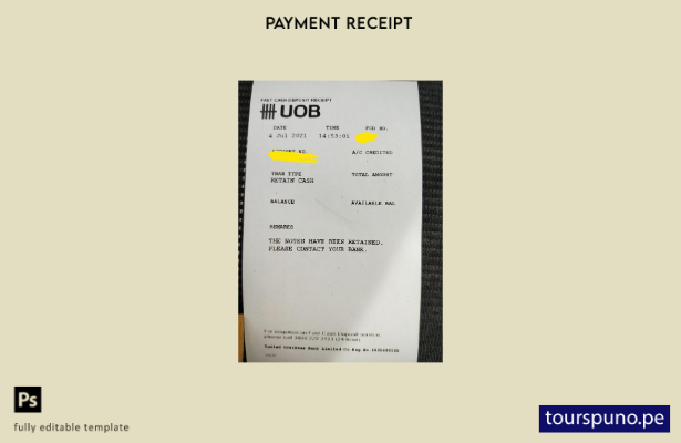 listo para imprimir la plantilla de recibo de depósito bancario Uob de Singapur
